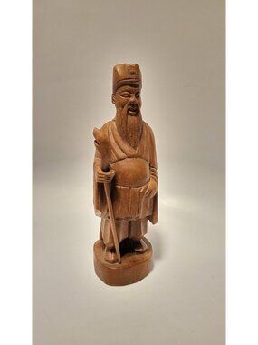 Vintage Carved Asian Man W/ Staff Wood Carving 10" Statue Art Chinese ULTRA RARE